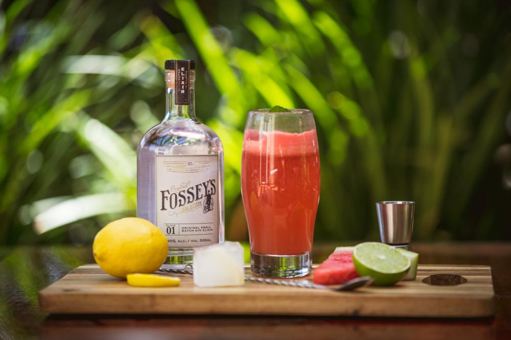 ways to cope with lock down, red alcoholic beverage with fosseys original gin bottle, lemon, ice, strawberry & lime on wooden bench in front of foilage