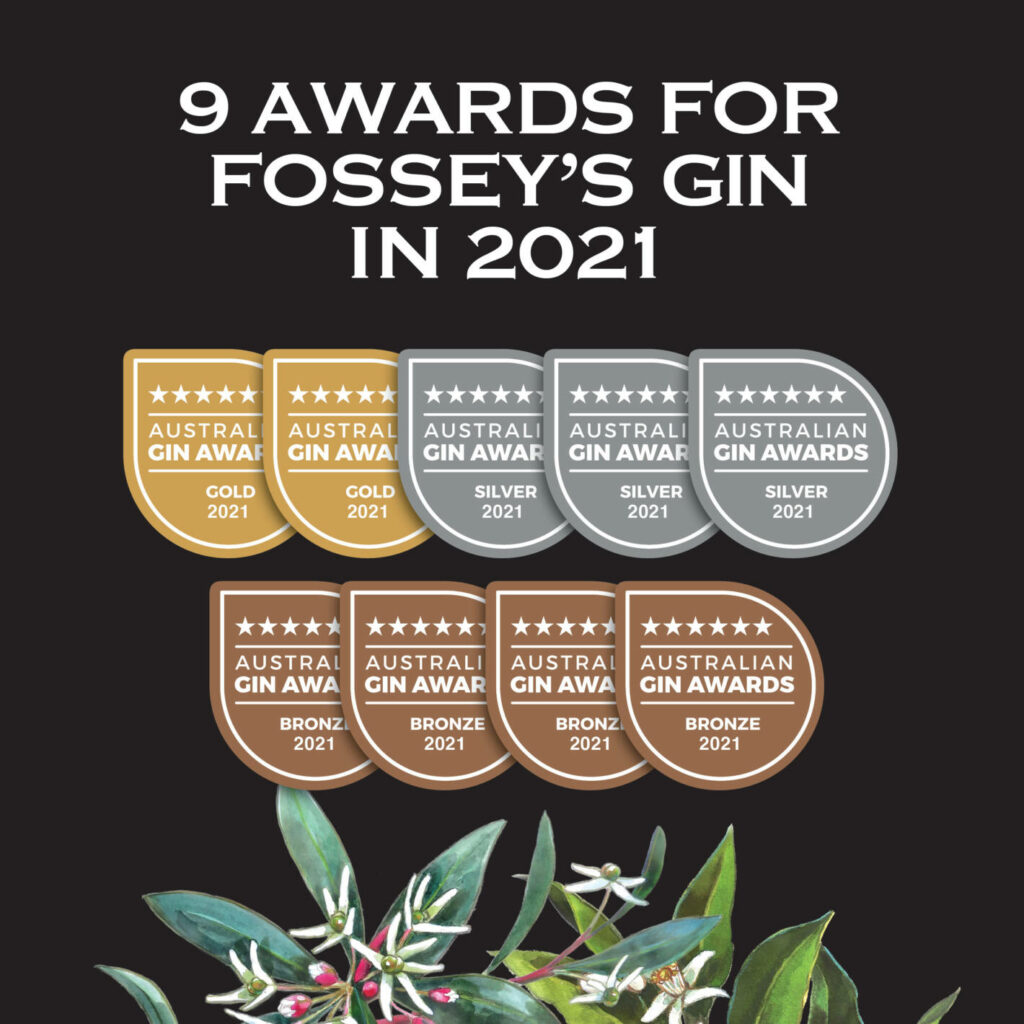 9 awards for fossey's gin in 2021 with black background & 9 medals